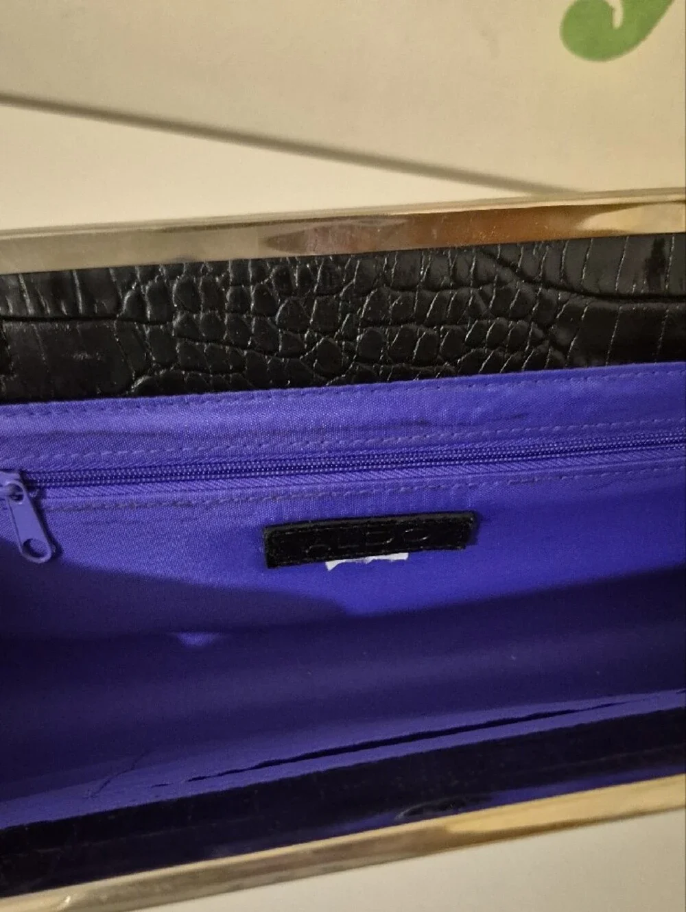 Aldo Black Croc-Embossed Clutch with Silver Frame